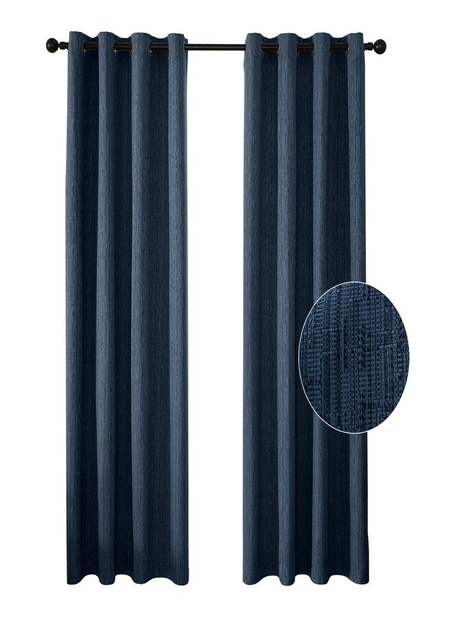 JSFLY Jacquard Linen Curtains 96 inch Length 2 Panels Thick Faux Linen Blended Window Drapes Burlap Textured Curtains with Grommet for Living Room Bedroom Farmhouse (52x96 Navy) Natural - Image 1